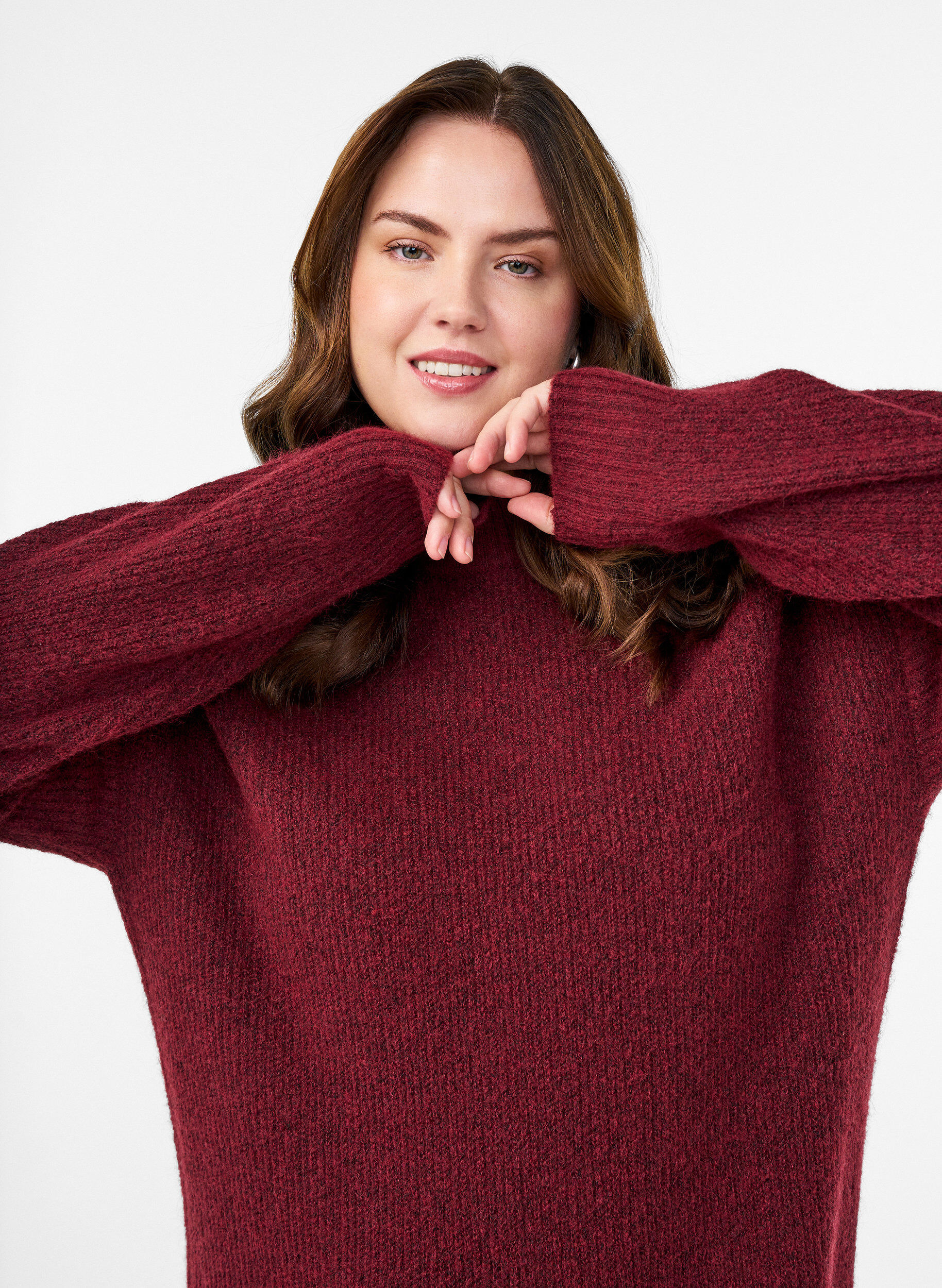 Zizzi Lang strikkekjole med h&oslash;y hals, R&oslash;d, Model image number 3