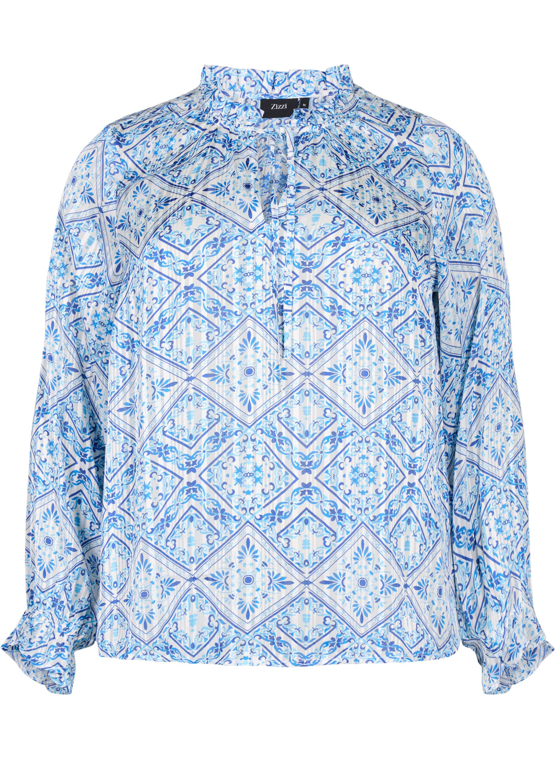 Zizzi Bluse med lange ermer, volanger og trykk, Beige, Packshot image number 0