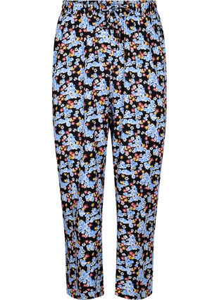Løse pysjamasbukser i viskose med mønster, Black Blue Flower, Packshot image number 0