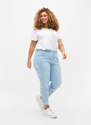 Cropped Mille jeans med mom fit og broderi, Light blue denim, Model image number 0