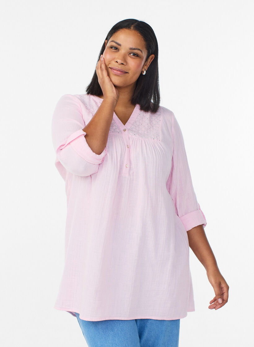 Bomullsmuslin tunika med broderie anglaise, Rosa, Model image number 0