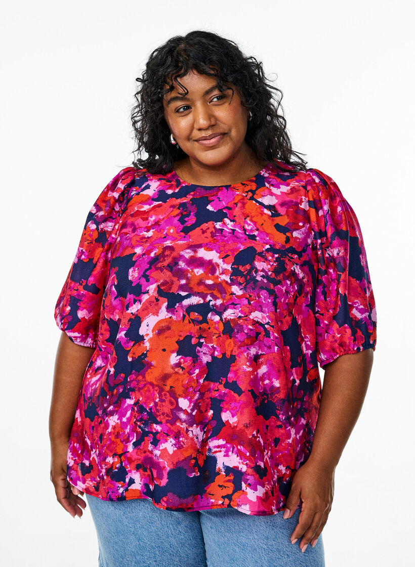 Bluse med 1/2 erme og fargerikt trykk, Rosa, Model image number 0