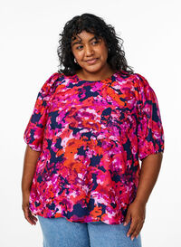 Bluse med 1/2 erme og fargerikt trykk, Rosa Bluse med 1/2 erme og fargerikt trykk, Rosa, Model