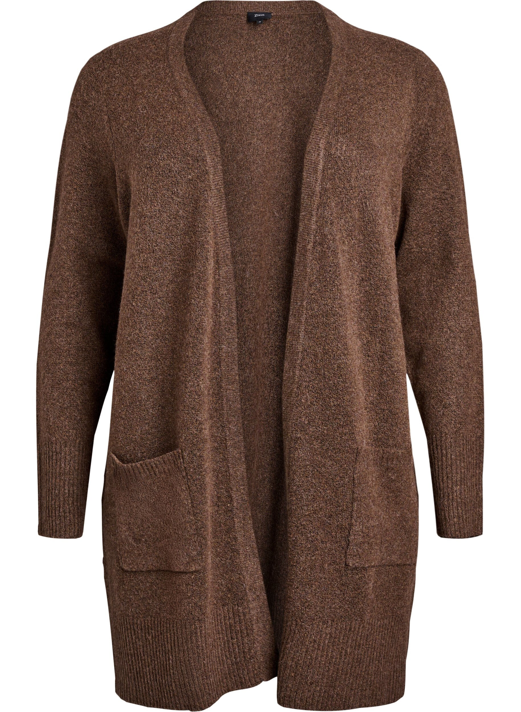 ZizziRibbestrikket cardigan med lommer, Brun, Packshot image number 0