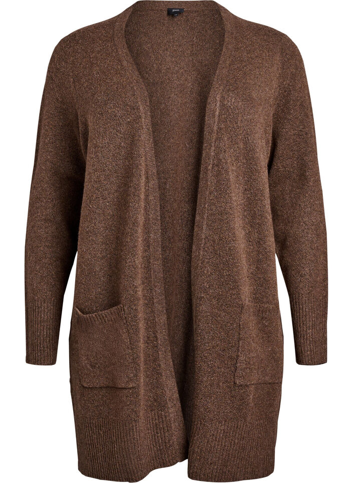 Ribbestrikket cardigan med lommer, Brun, Packshot image number 0