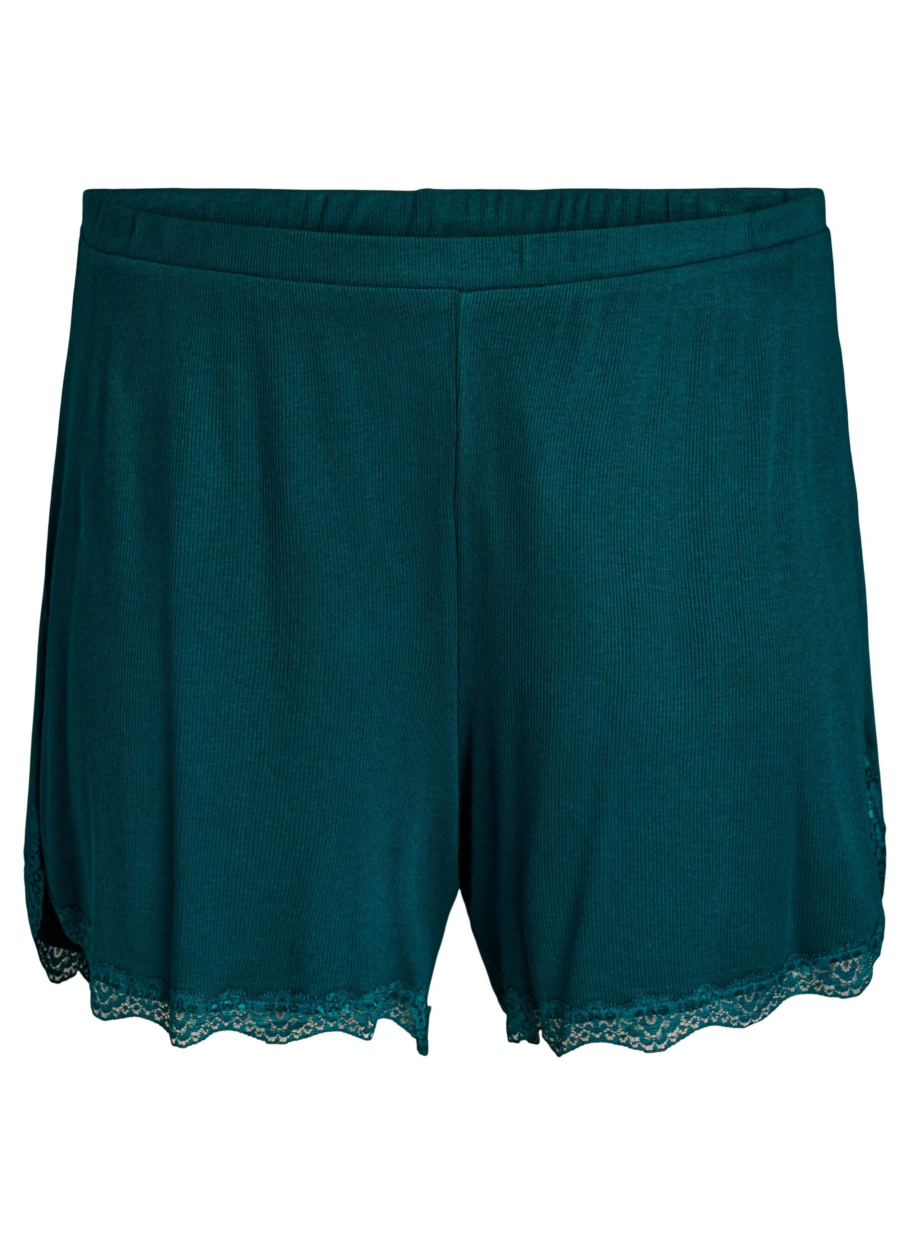 L&oslash;se nattshorts med ribbestruktur og blonderkant