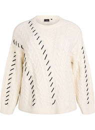 Strikkebluse med flettemønster og kontrastdetaljer, Beige