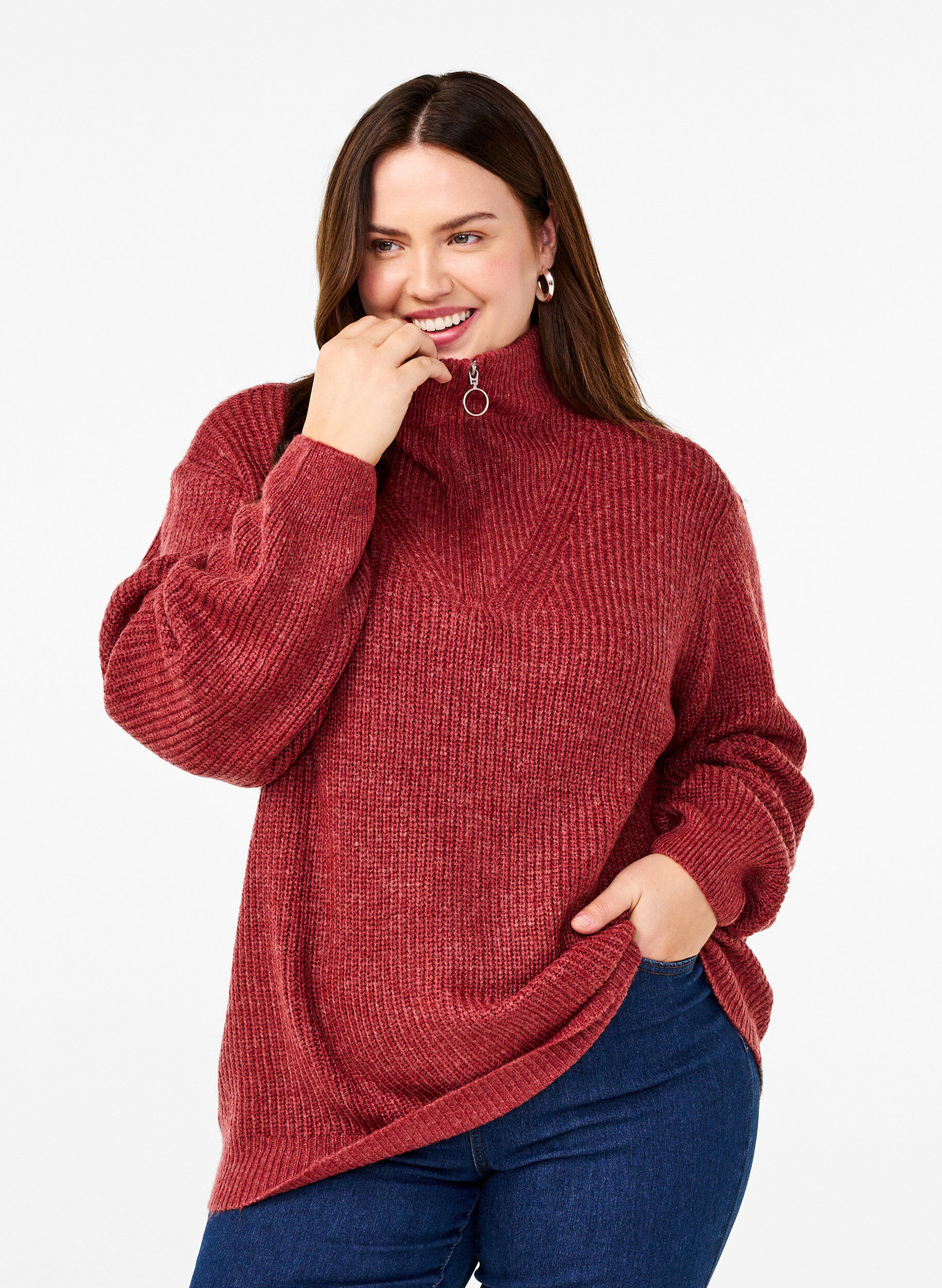 ZizziStrikket genser med h&oslash;y hals og glidel&aring;s, R&oslash;d, Model image number 0