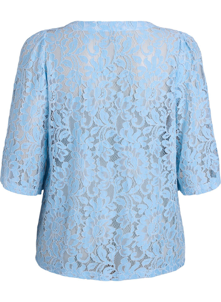 Kortermet bluse med blonder og V-hals, Bl&aring;, Packshot image number 1