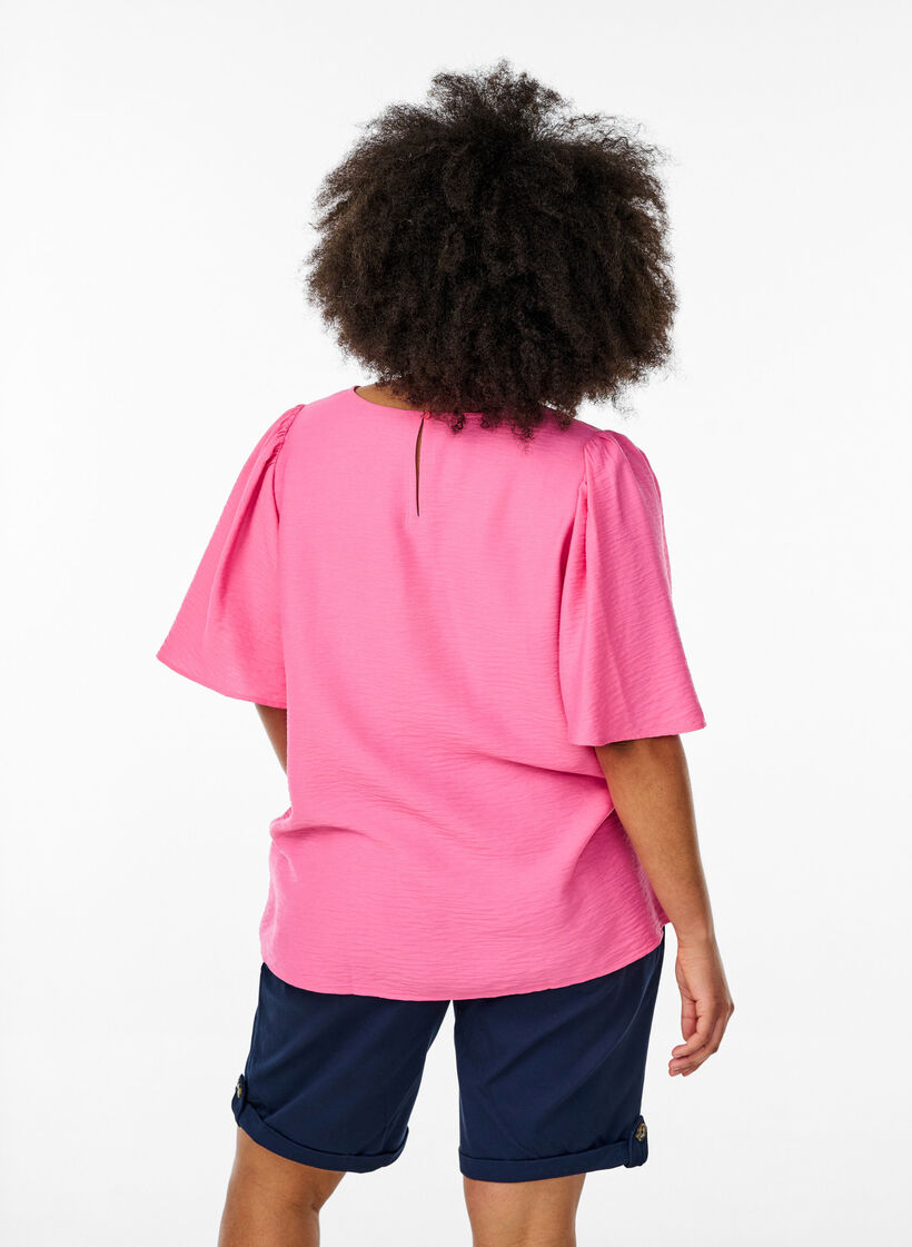 Bluse med korte, vide ermer, Rosa, Model image number 2