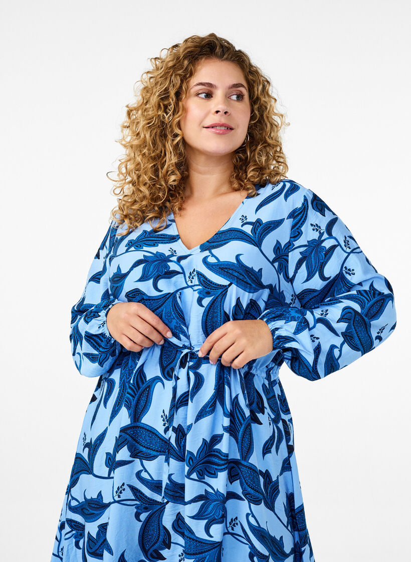 Langermet kjole med paisleymønster og knytebelte, Blå, Model image number 2