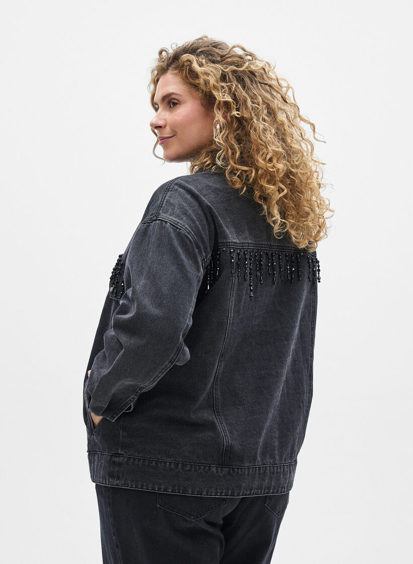 Denimjakke med perlefranser, Grey Denim, Model
