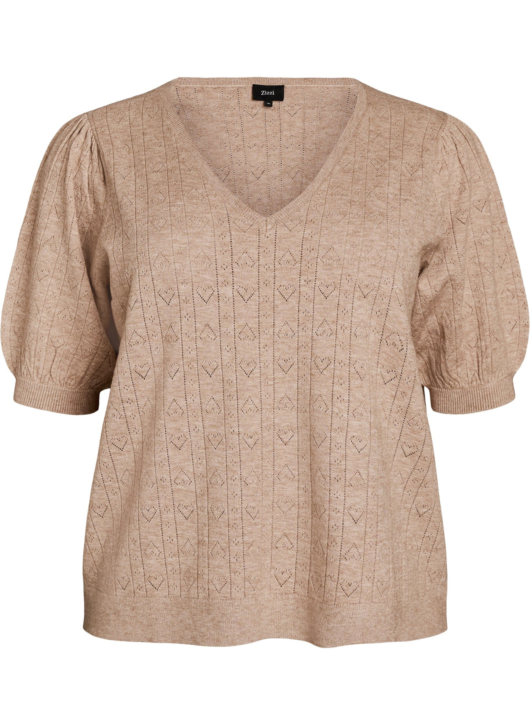 ZizziKortermet strikkebluse med pointellem&oslash;nster, Beige, Packshot image number 0