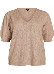 Kortermet strikkebluse med pointellem&oslash;nster, Beige
