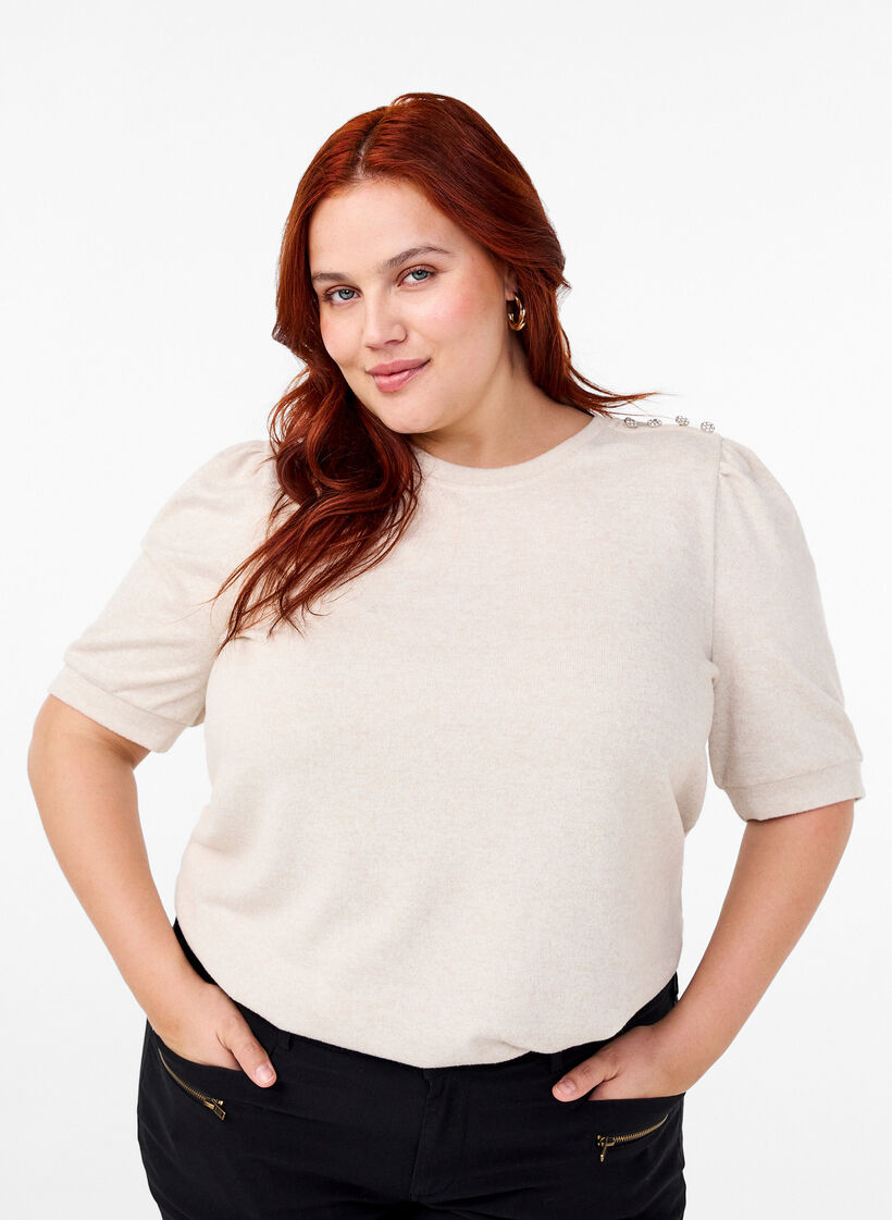 Bluse med knappedetaljer og korte puffermer, Beige, Model image number 0