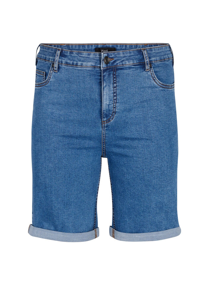 Tettsittende dongerishorts med h&oslash;y midje, Blue Denim, Packshot image number 0