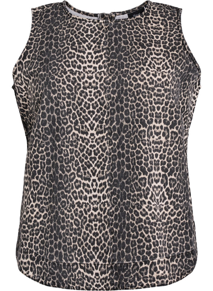 Ermeløs denimtopp med leopardmønster, Brun, Packshot image number 0