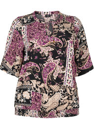 Bluse i viskose med paisleymønster og smock, Black Patchwork AOP