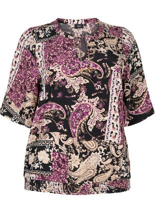 Bluse i viskose med paisleymønster og smock, Black Patchwork AOP, Packshot image number 0