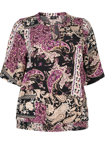 Bluse i viskose med paisleymønster og smock, Black Patchwork AOP, Packshot image number 0