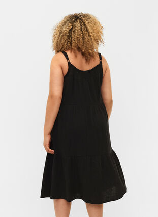 Ensfarget kjole i bomull med stropper, Black, Model image number 1