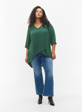 Bluse med 3/4-ermer og V-hals, Trekking Green, Model image number 2