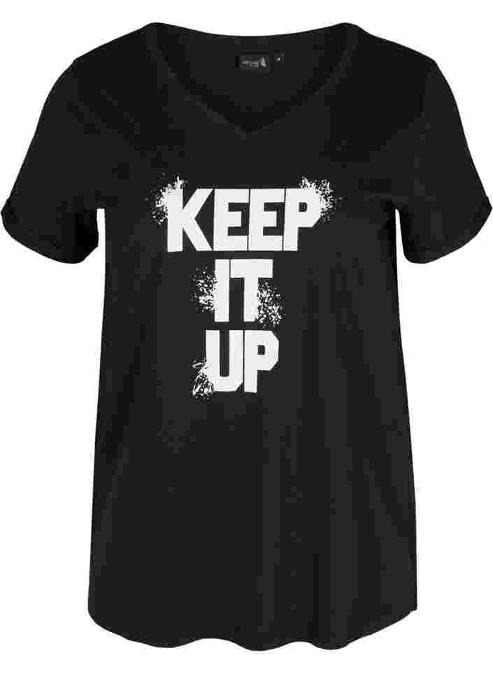 T-skjorte med trykk i bomull til trening , Black Keep, Packshot image number 0