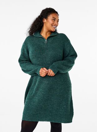 Zizzi FLASH - Strikket kjole med høy hals, Sea Moss Mel., Model image number 0