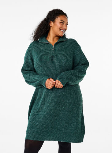Zizzi FLASH - Strikket kjole med høy hals, Sea Moss Mel., Model image number 0