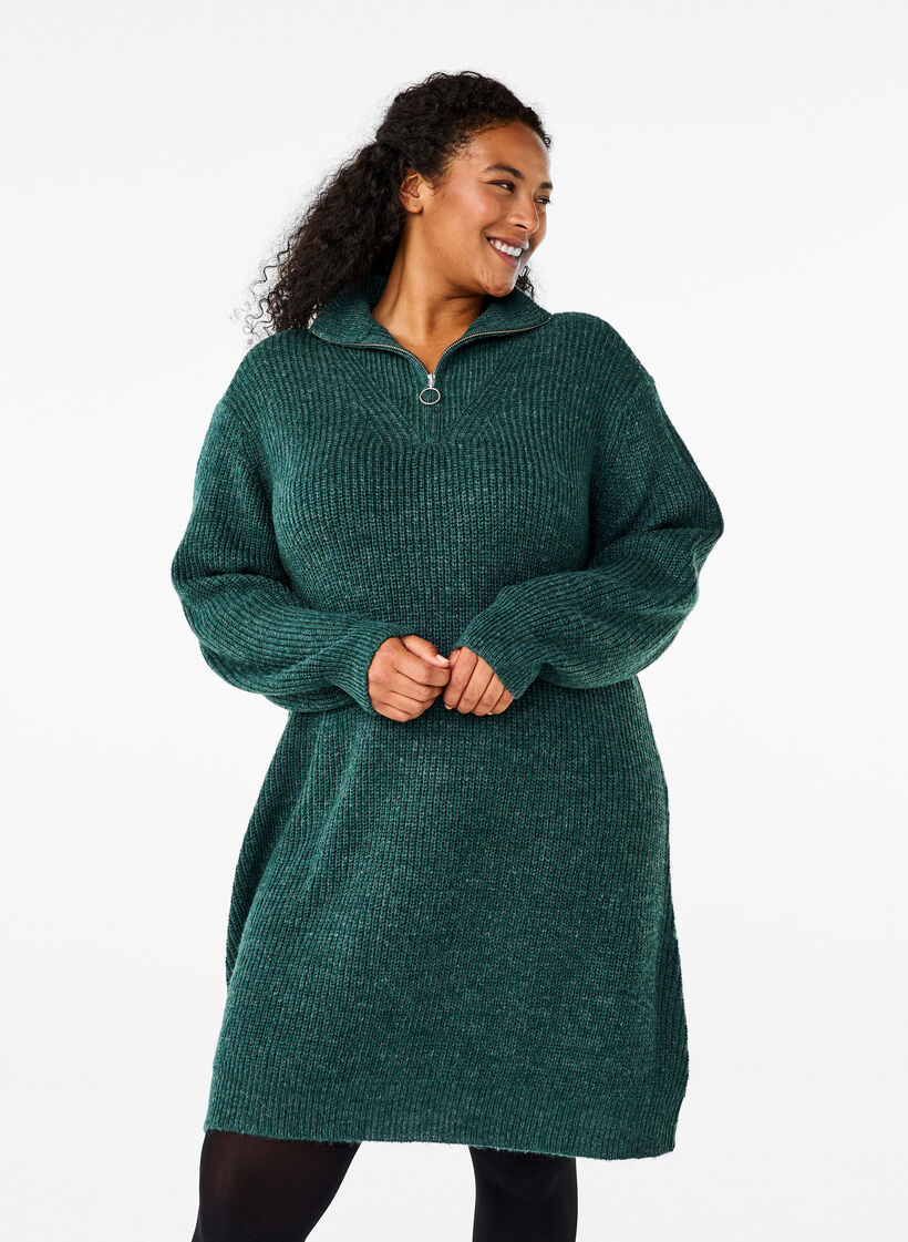 FLASH - Strikket kjole med høy hals, Sea Moss Mel., Model image number 0
