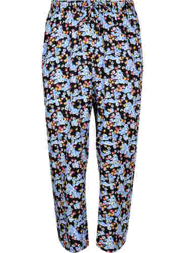 Løse pysjamasbukser i viskose med mønster, Black Blue Flower, Packshot image number 1