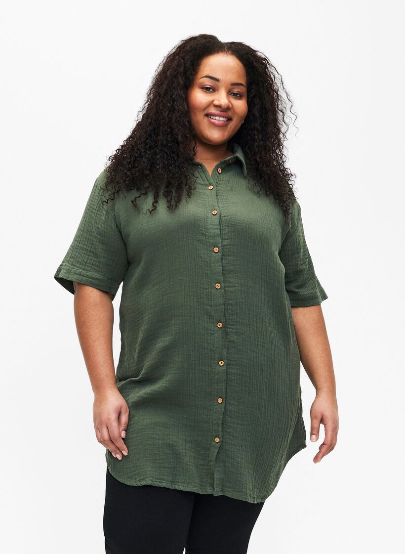 Kortermet skjorte med knapper, Thyme, Model image number 0