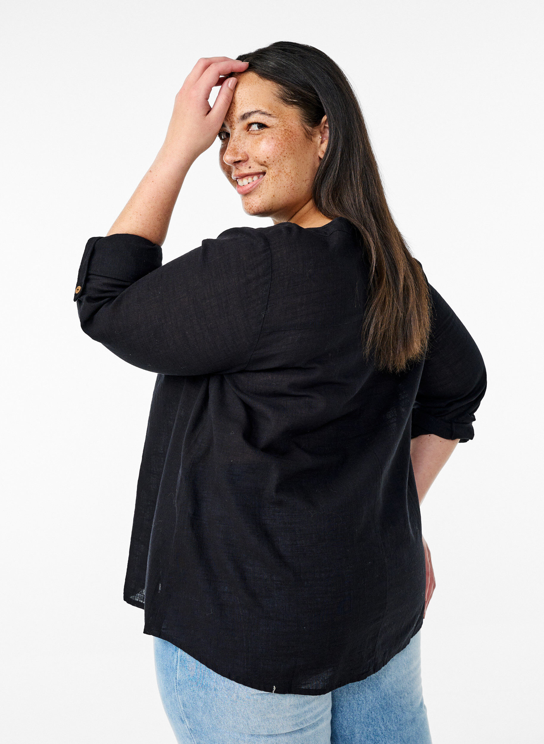ZizziBomullsbluse med V-hals, Svart, Model image number 2