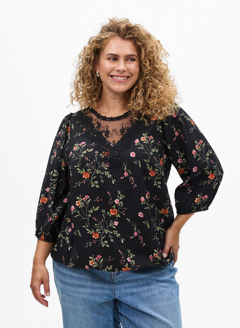 Bluse med 3/4 ermer og blondedetaljer, Svart, Model image number 0