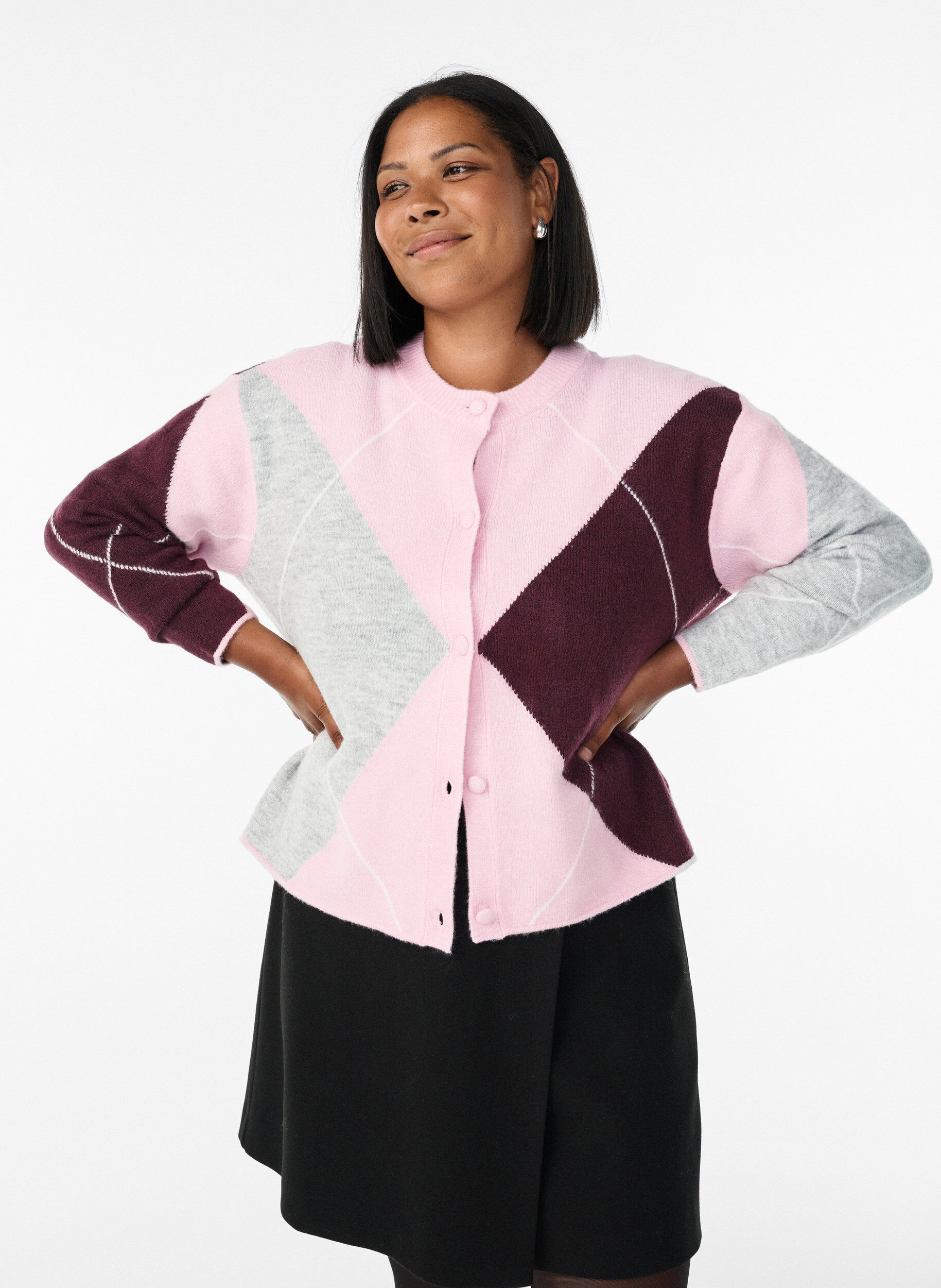 Cardigan med argylem&oslash;nster og rund hals, Rosa, Model