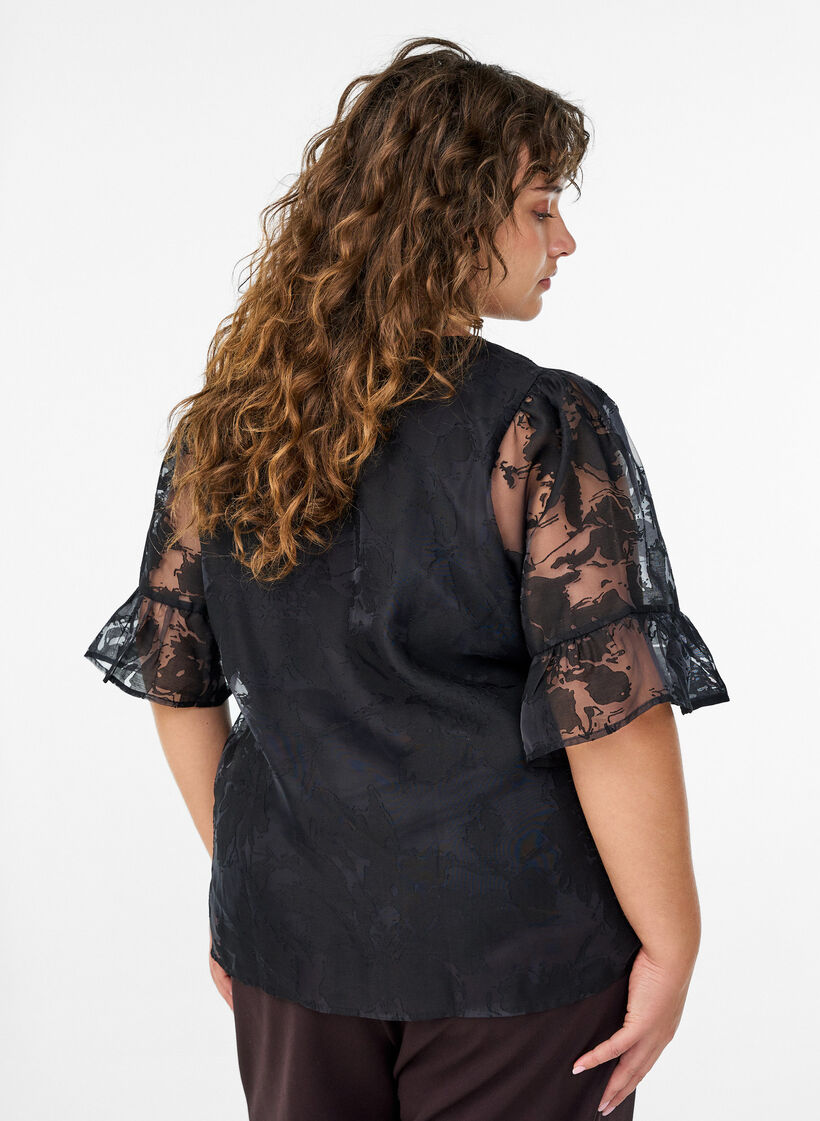 Festbluse med organza-utseende og et tone-på-tone-mønster, Svart, Model image number 2