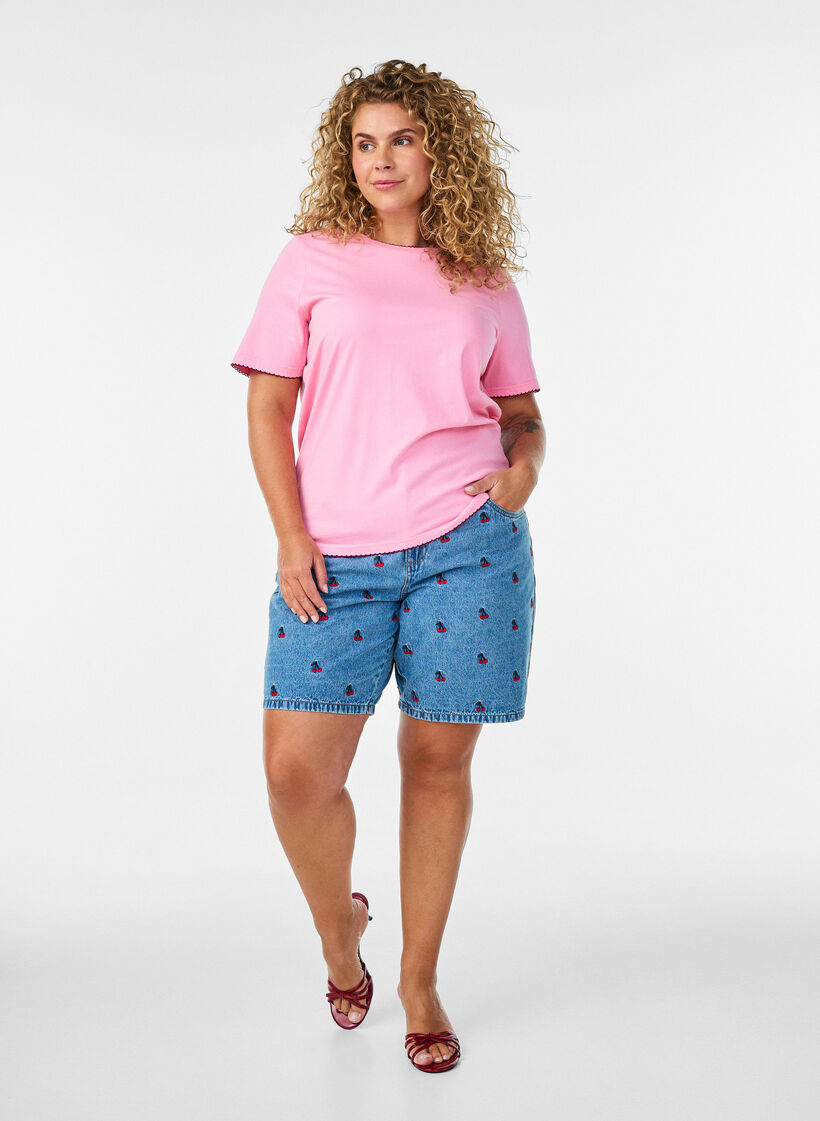Bomulls T-skjorte med b&oslash;lgete kontrasterende kanter, Rosa, Model image number 1