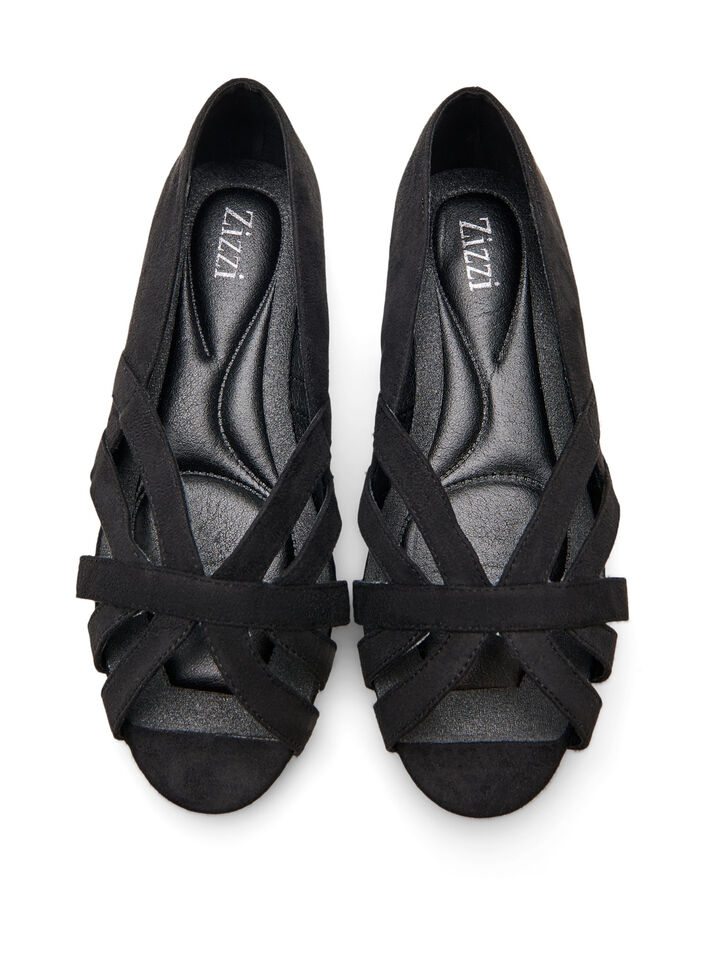Ballerina i imitert semsket skinn med kryssede stropper, Svart, Packshot image number 3