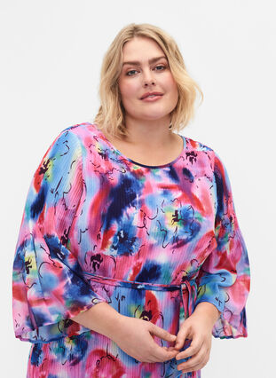 Mønstrete plissékjole med knyting, Lavender Space AOP, Model image number 2