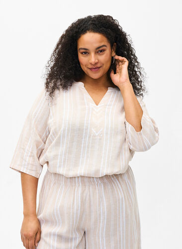 Stripete bluse i lin- og viskoseblandet kvalitet, Beige White Stripe, Model image number 0