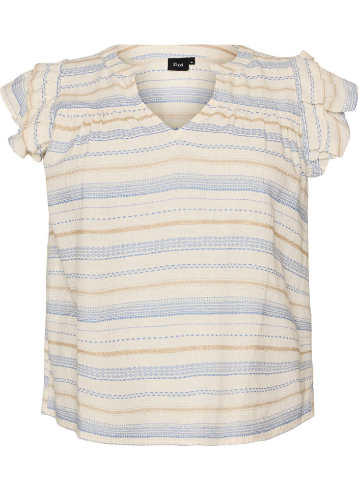 Ermel&oslash;s bluse med volanger og m&oslash;nstrede striper, Vanilje, Packshot image number 0