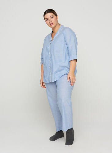 Løse pysjamasbukser i bomull med striper, White/Blue Stripe, Model image number 0