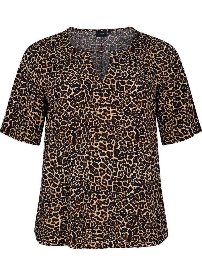 Short sleeve Viscose Bluse med utskrift, Brun, Packshot image number 0