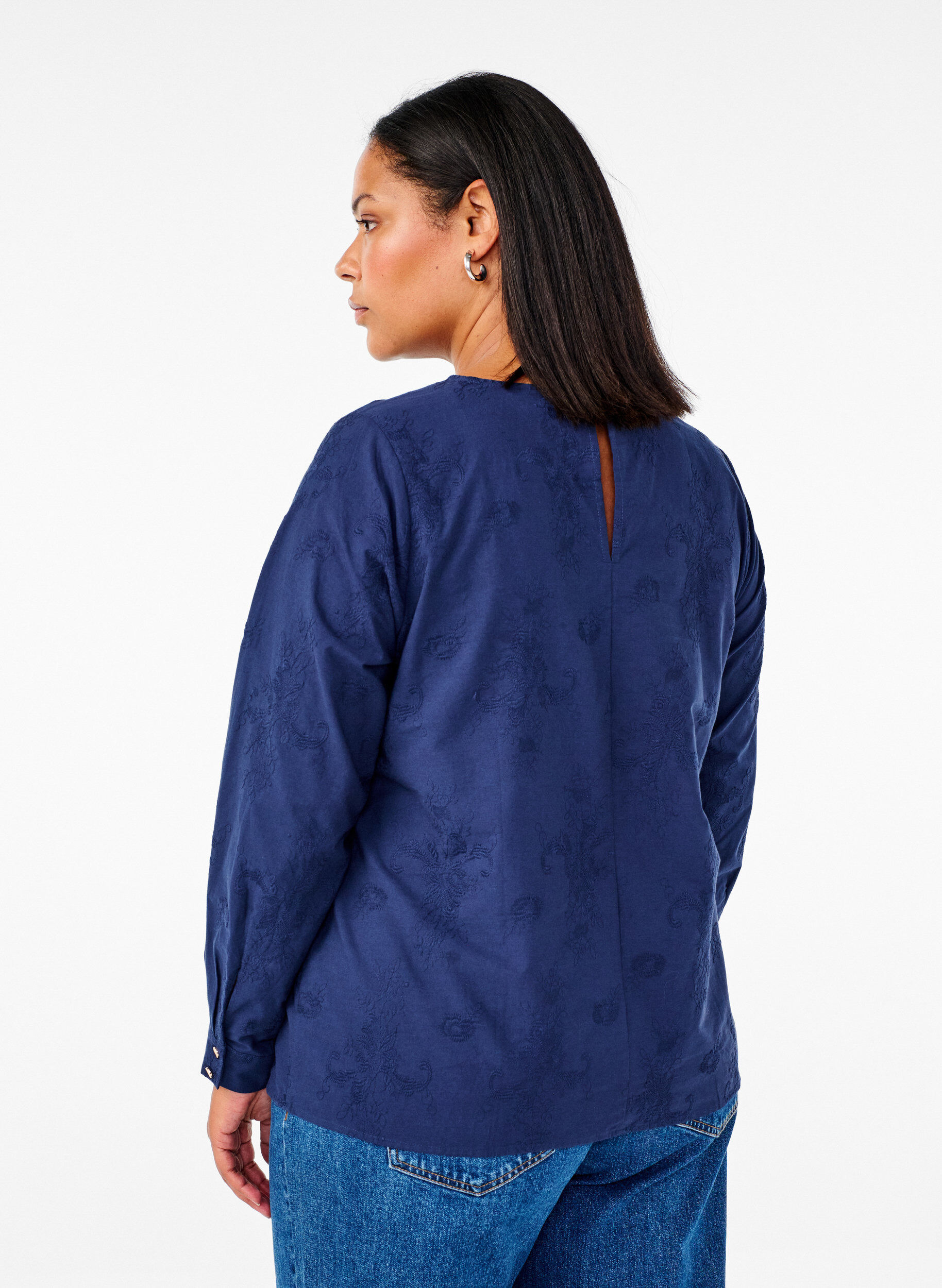 Zizzi Langermet bluse med broderi, Bl&aring;, Model image number 2