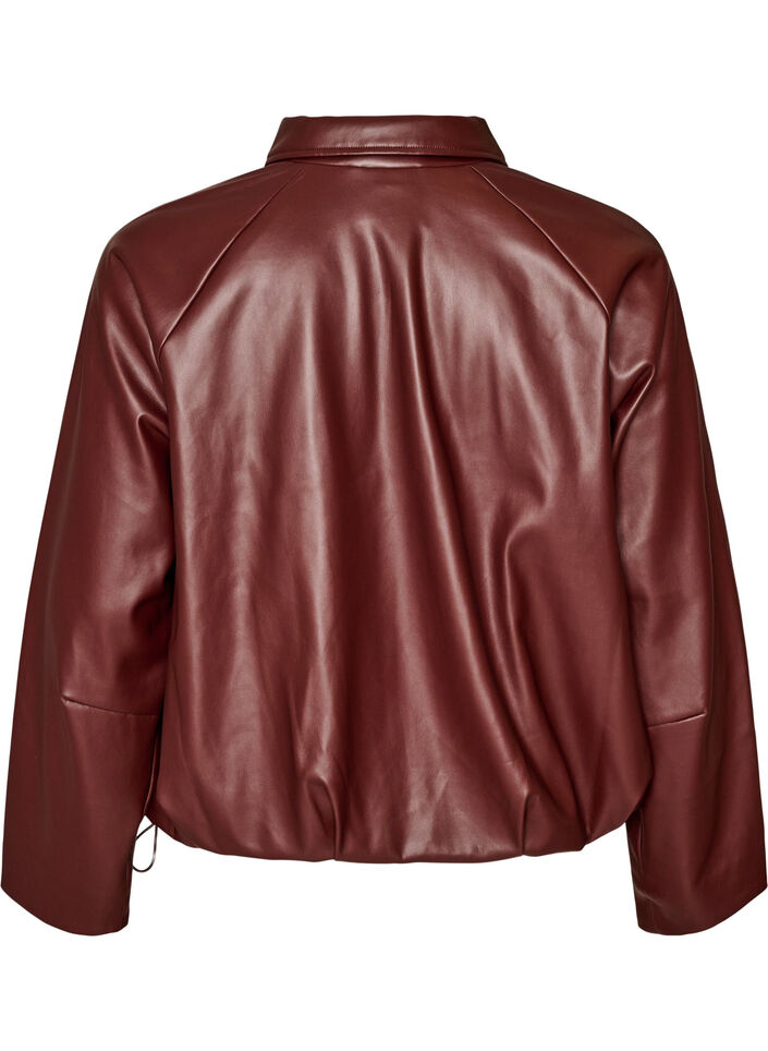 Imitert skinn bomberjakke med en fold med snor, Brun, Packshot image number 1