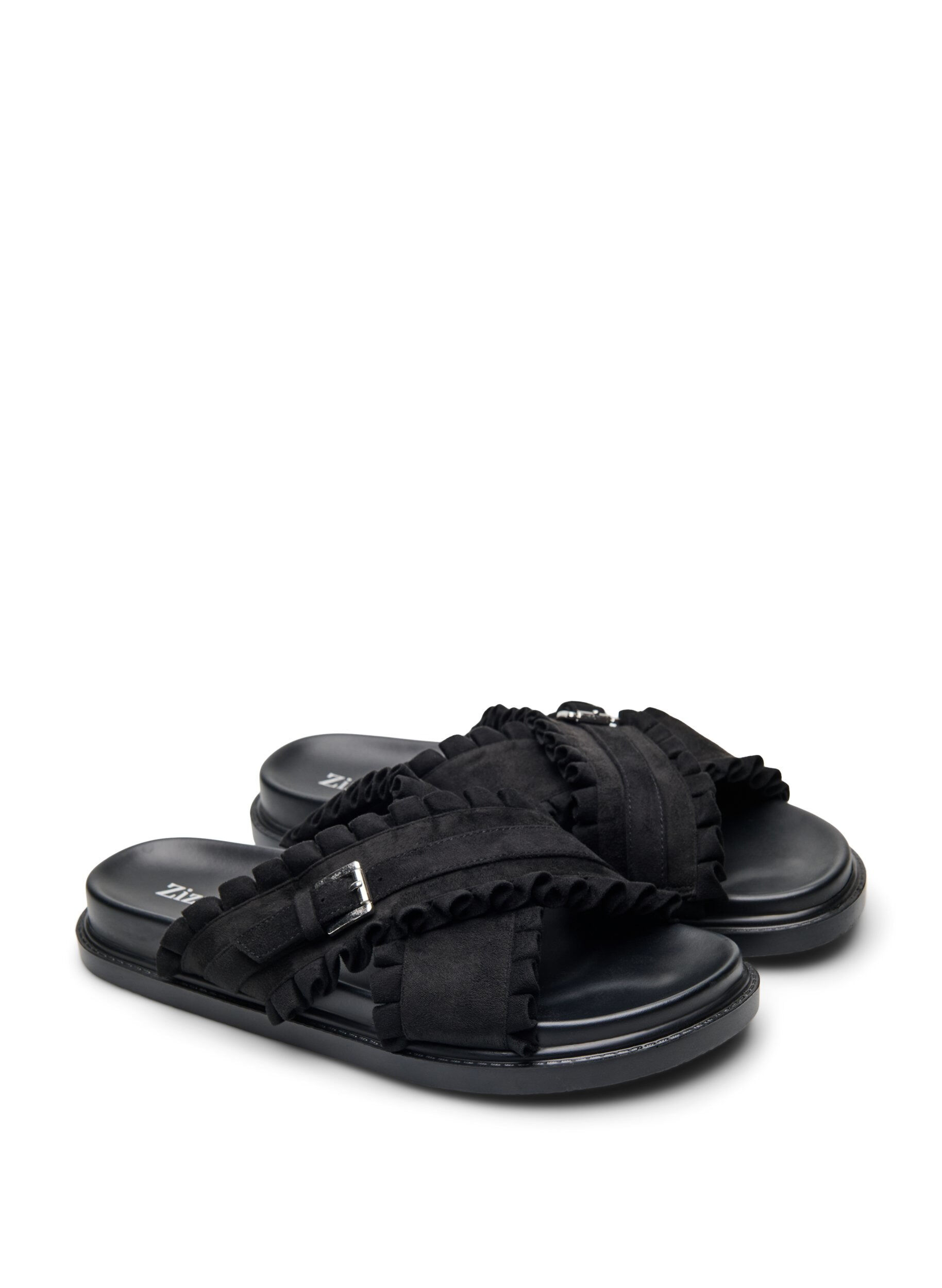 Zizzi Wide fit - Sandal med kryssede stropper og volangkanter, Svart, Packshot image number 1
