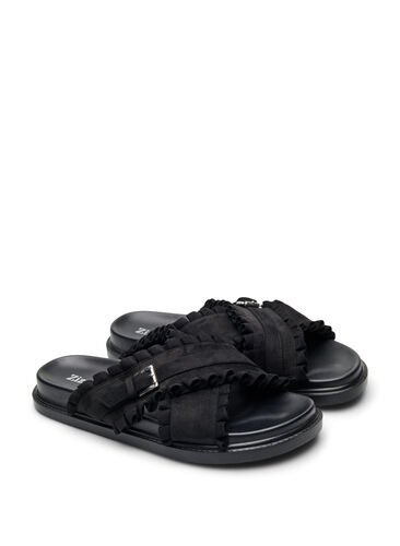 Zizzi Wide fit - Slip-on sandal med volangkanter, Svart, Packshot image number 1