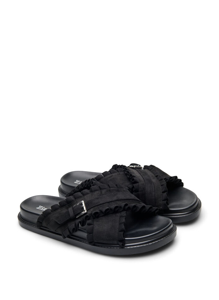 Wide fit - Slip-on sandal med volangkanter, Svart, Packshot image number 1