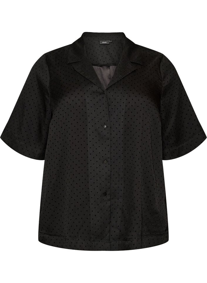 Polka dot skjortebluse med jakkeslag, Svart, Packshot