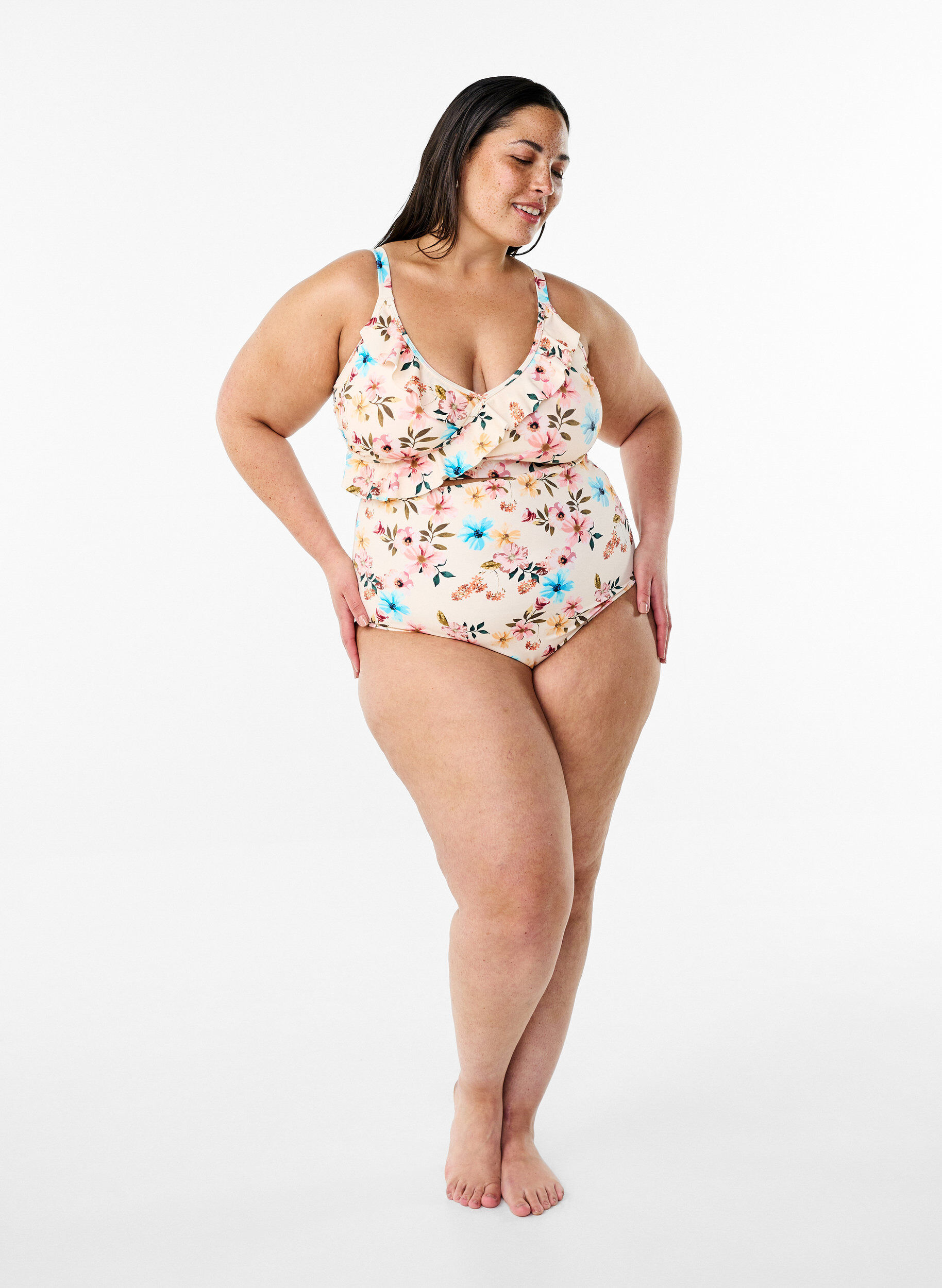 Zizzi Ekstra h&oslash;y midje bikiniunderdel med blomstertrykk, Beige, Model image number 1